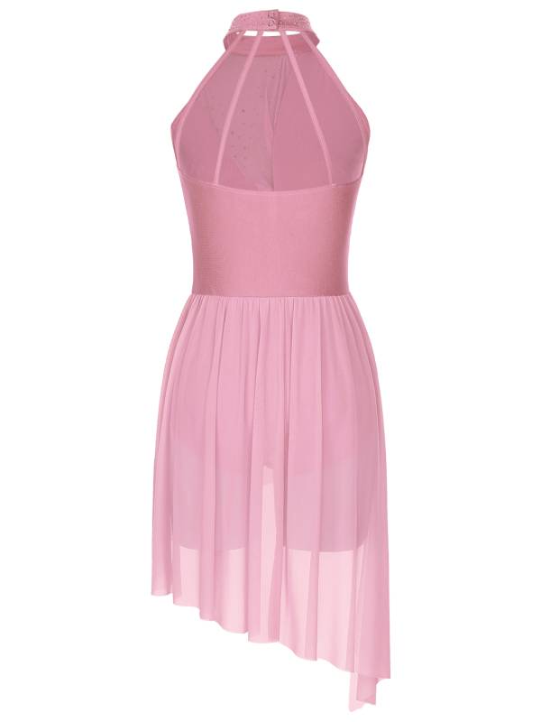 Women Sleeveless Rhinestones Asymmetrical Lyrical Dance Leotard Dress thumb
