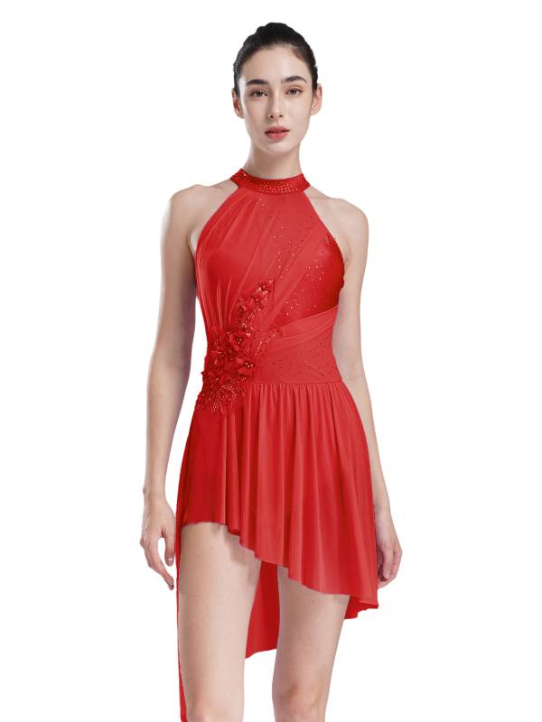Women Sleeveless Rhinestones Asymmetrical Lyrical Dance Leotard Dress thumb