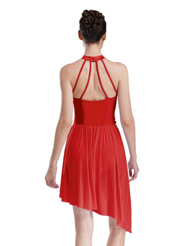 Women Sleeveless Rhinestones Asymmetrical Lyrical Dance Leotard Dress thumb