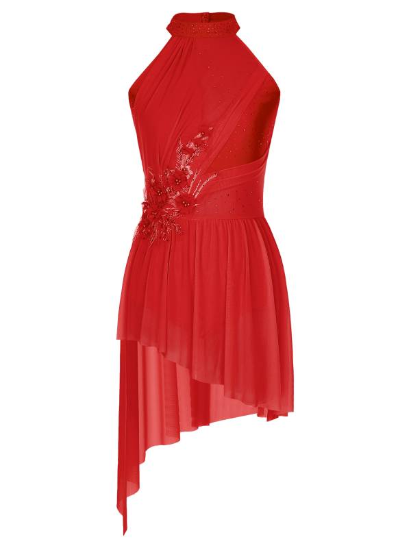 Women Sleeveless Rhinestones Asymmetrical Lyrical Dance Leotard Dress thumb
