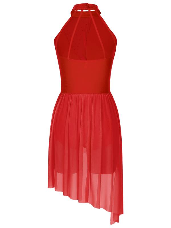Women Sleeveless Rhinestones Asymmetrical Lyrical Dance Leotard Dress thumb