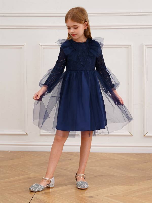 Kids Girls Long Sleeve Lace Party Gowns Flower Girls Dress thumb