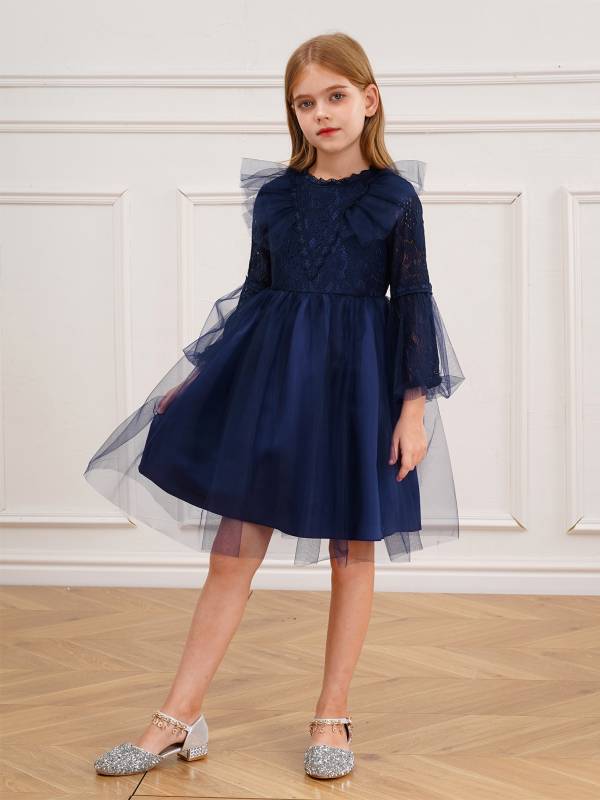 Kids Girls Long Sleeve Lace Party Gowns Flower Girls Dress thumb