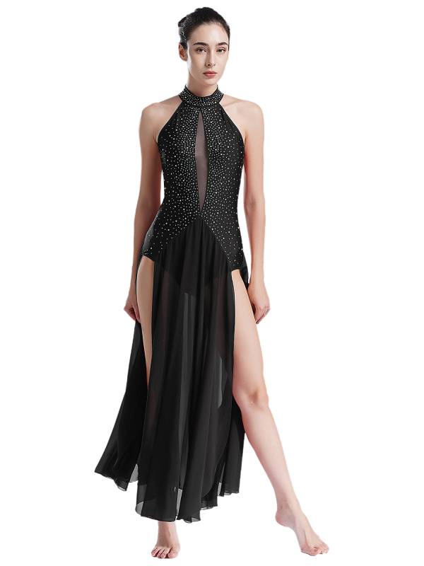 Women Halter Neck Backless Shiny Rhinestones Side Slit Lyrical Dance Dress thumb
