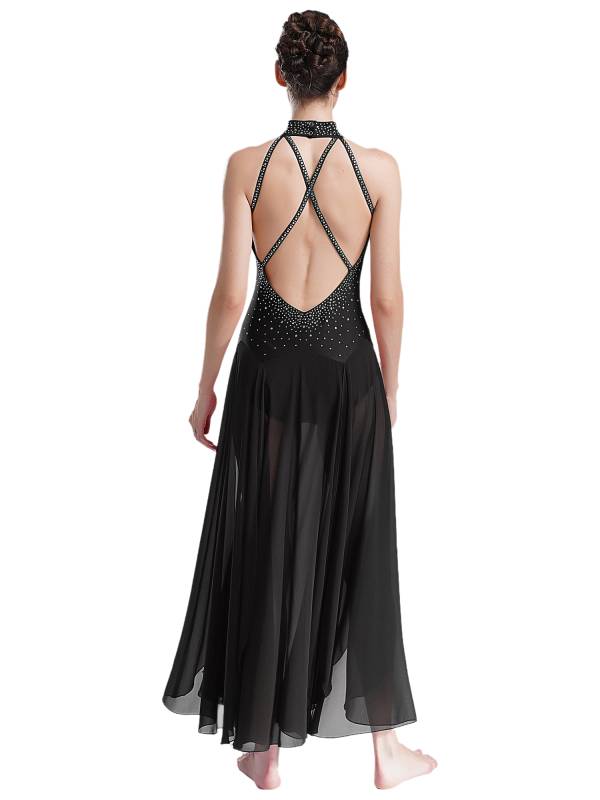 Women Halter Neck Backless Shiny Rhinestones Side Slit Lyrical Dance Dress thumb