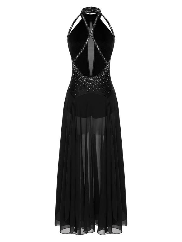 Women Halter Neck Backless Shiny Rhinestones Side Slit Lyrical Dance Dress thumb