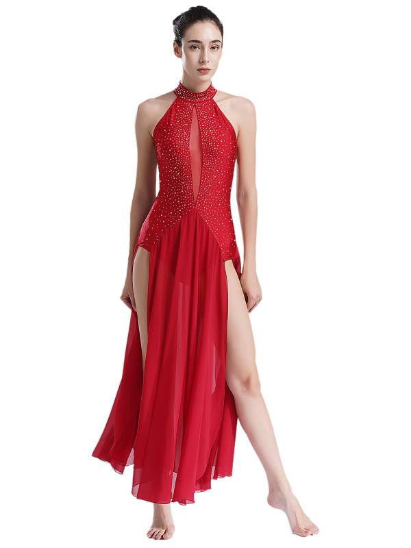 Women Halter Neck Backless Shiny Rhinestones Side Slit Lyrical Dance Dress thumb