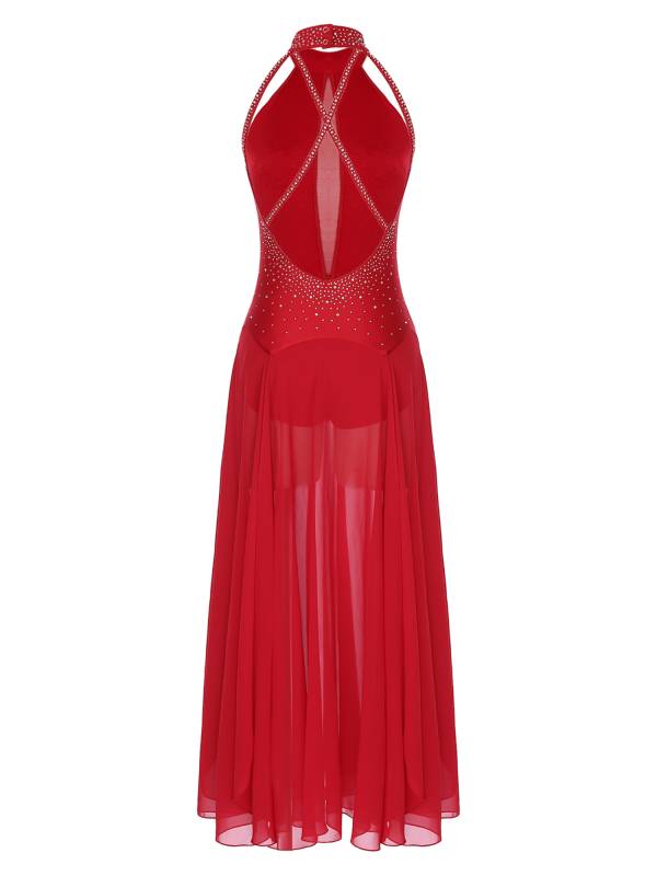 Women Halter Neck Backless Shiny Rhinestones Side Slit Lyrical Dance Dress thumb