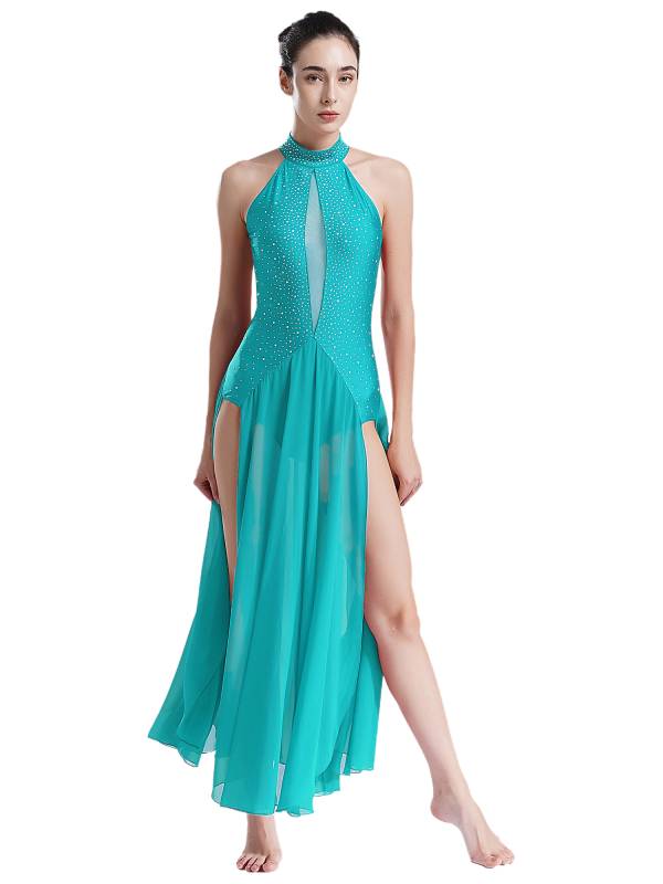 Women Halter Neck Backless Shiny Rhinestones Side Slit Lyrical Dance Dress thumb