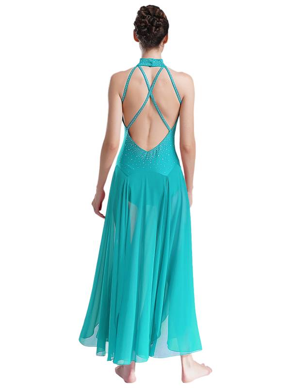 Women Halter Neck Backless Shiny Rhinestones Side Slit Lyrical Dance Dress thumb