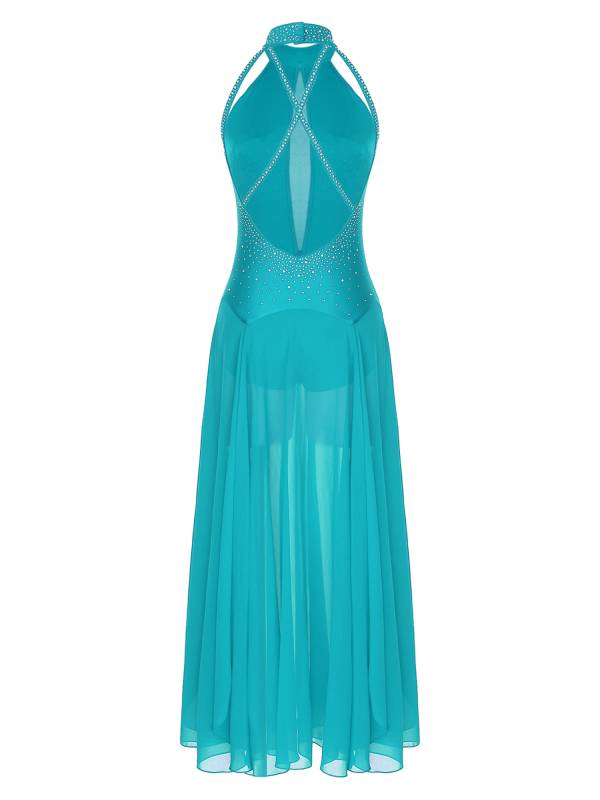 Women Halter Neck Backless Shiny Rhinestones Side Slit Lyrical Dance Dress thumb