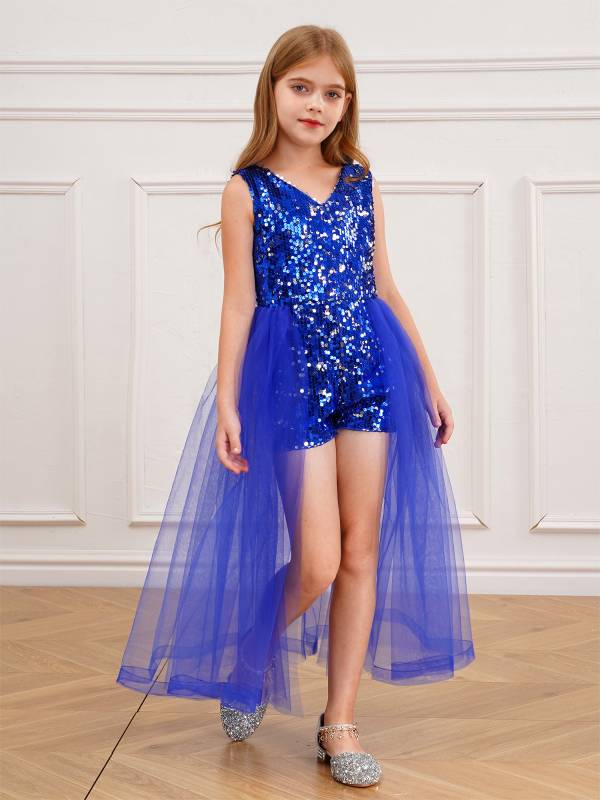 Kids Girls Pageant Sequin Romper with Tulle Skirt thumb