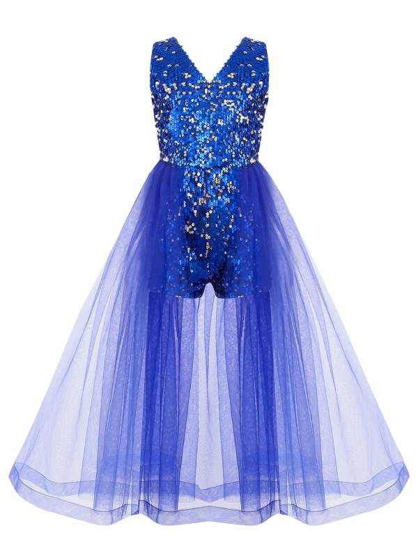 Kids Girls Pageant Sequin Romper with Tulle Skirt thumb