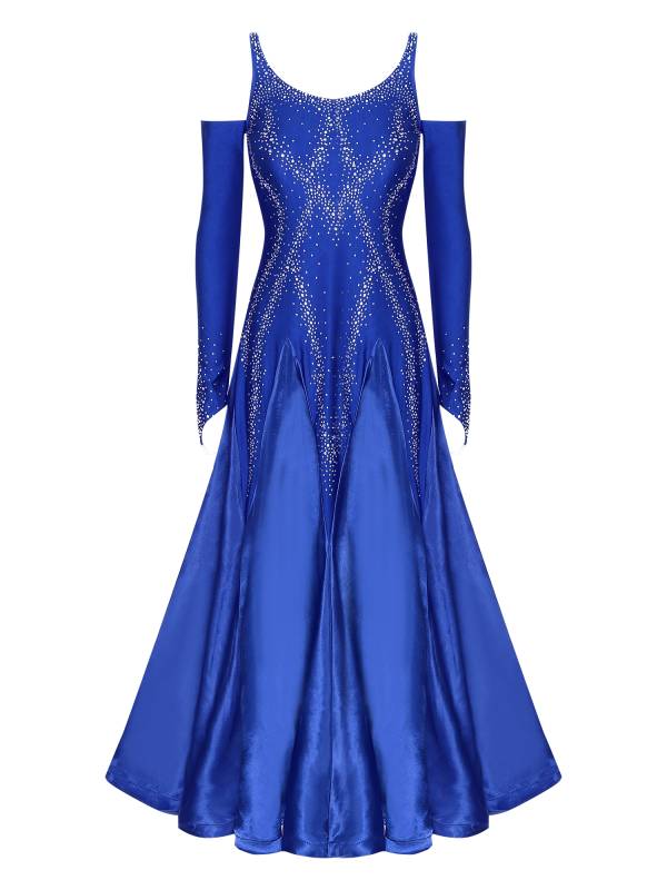 Women Scoop Neck Cold Shoulder Rhinestones A-line Contemporary Dance Dress thumb