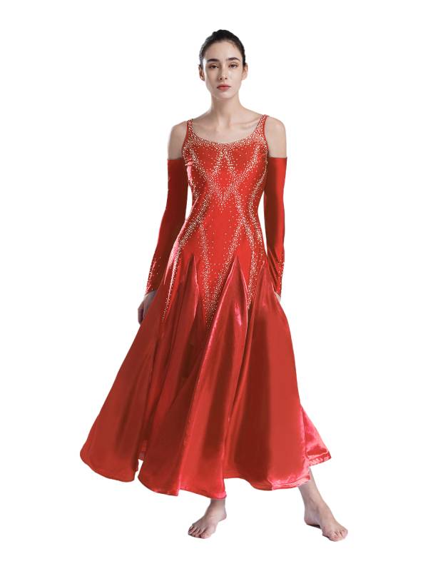 Women Scoop Neck Cold Shoulder Rhinestones A-line Contemporary Dance Dress thumb