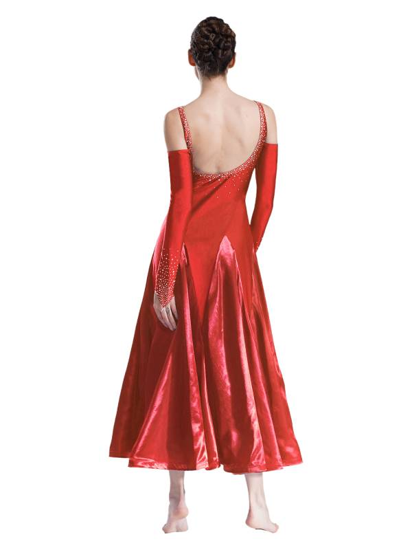 Women Scoop Neck Cold Shoulder Rhinestones A-line Contemporary Dance Dress thumb