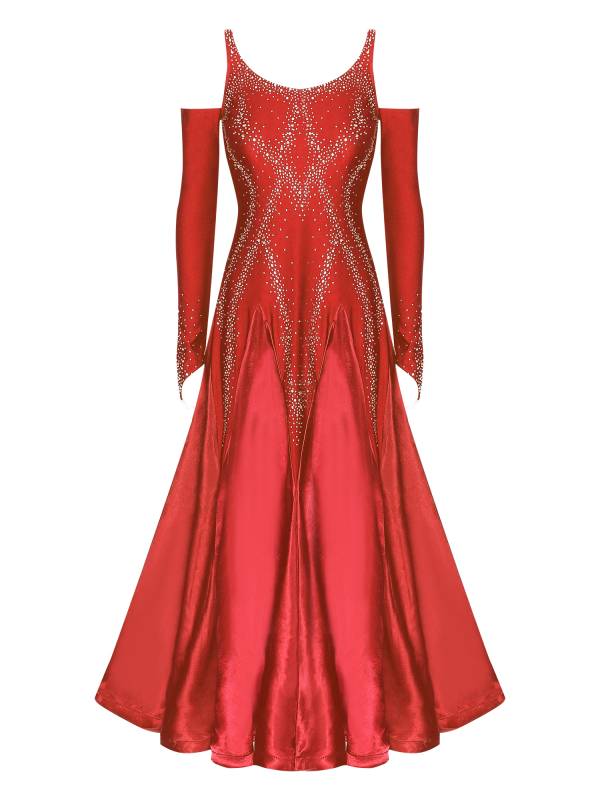 Women Scoop Neck Cold Shoulder Rhinestones A-line Contemporary Dance Dress thumb