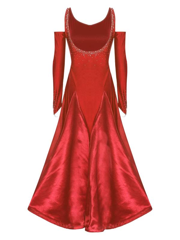 Women Scoop Neck Cold Shoulder Rhinestones A-line Contemporary Dance Dress thumb