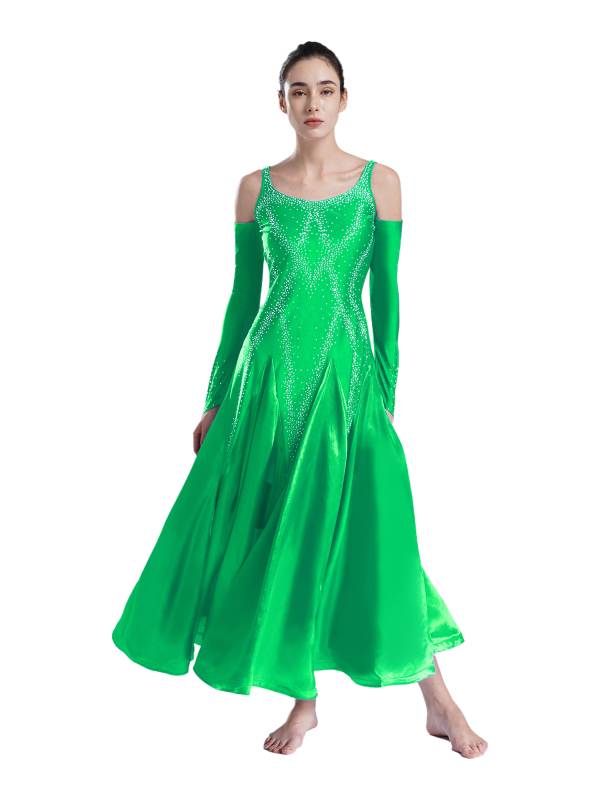 Women Scoop Neck Cold Shoulder Rhinestones A-line Contemporary Dance Dress thumb