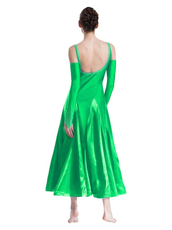 Women Scoop Neck Cold Shoulder Rhinestones A-line Contemporary Dance Dress thumb