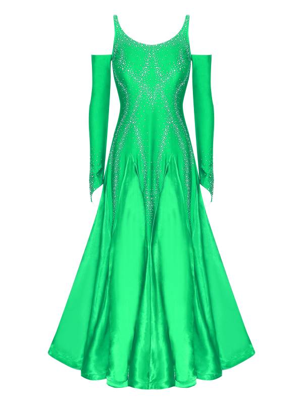 Women Scoop Neck Cold Shoulder Rhinestones A-line Contemporary Dance Dress thumb
