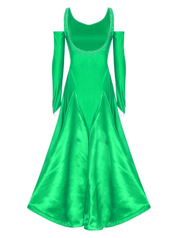 Women Scoop Neck Cold Shoulder Rhinestones A-line Contemporary Dance Dress thumb