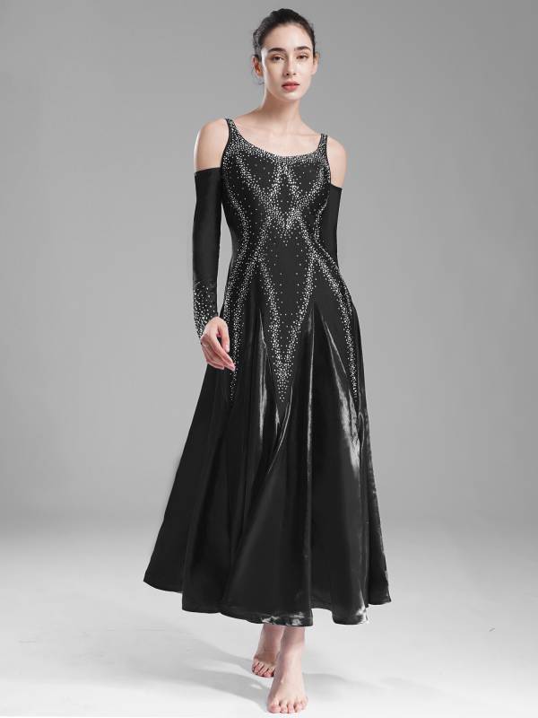 Women Scoop Neck Cold Shoulder Rhinestones A-line Contemporary Dance Dress thumb