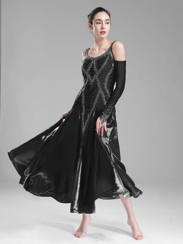 Women Scoop Neck Cold Shoulder Rhinestones A-line Contemporary Dance Dress thumb