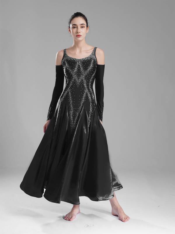 Women Scoop Neck Cold Shoulder Rhinestones A-line Contemporary Dance Dress thumb