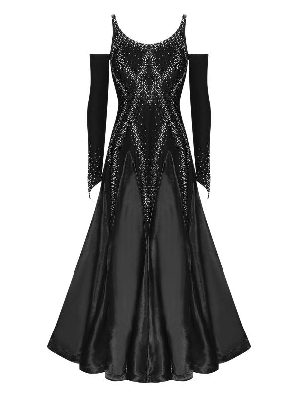 Women Scoop Neck Cold Shoulder Rhinestones A-line Contemporary Dance Dress thumb