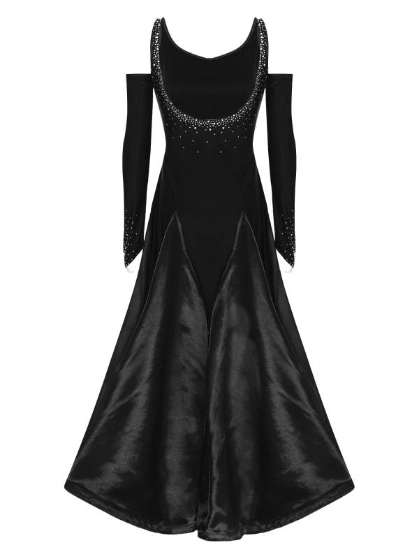 Women Scoop Neck Cold Shoulder Rhinestones A-line Contemporary Dance Dress thumb
