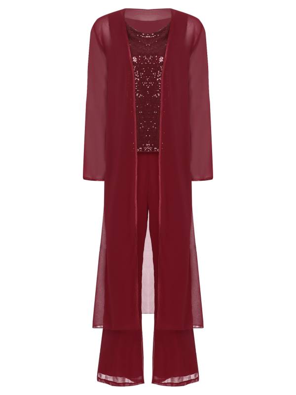 Women 3pcs Chiffon Sequin Tank Top Long Sleeve Cardigan and Pants Suit thumb