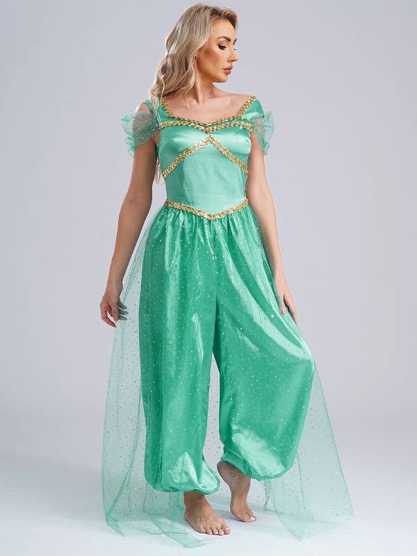 Women Sequin Pumpkin Pants with Tulle Overlay Belly Dance Jumpsuit thumb