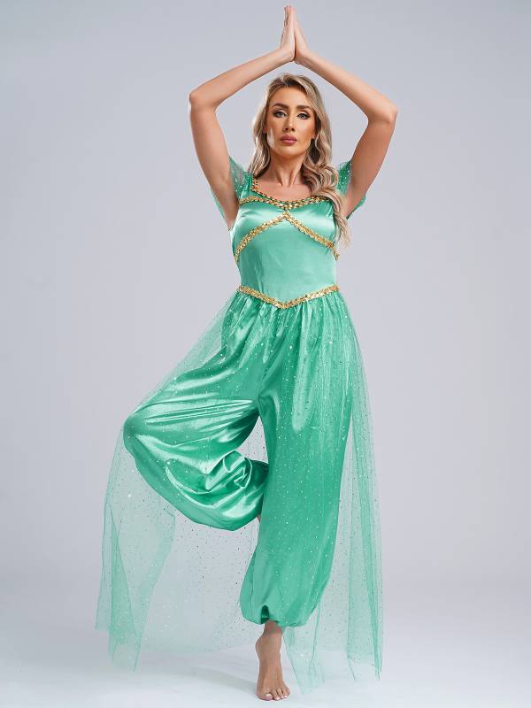Women Sequin Pumpkin Pants with Tulle Overlay Belly Dance Jumpsuit thumb