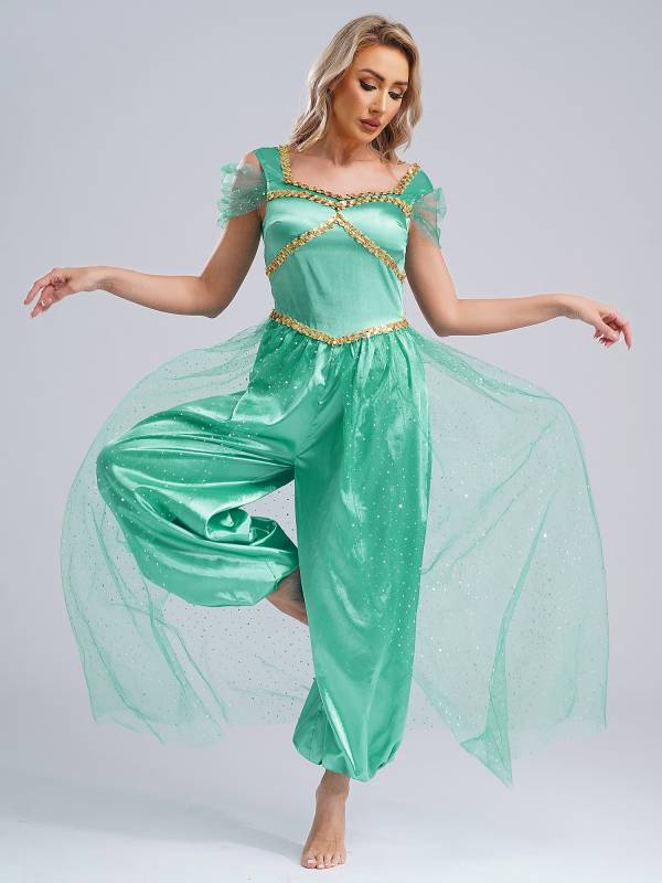 Women Sequin Pumpkin Pants with Tulle Overlay Belly Dance Jumpsuit thumb
