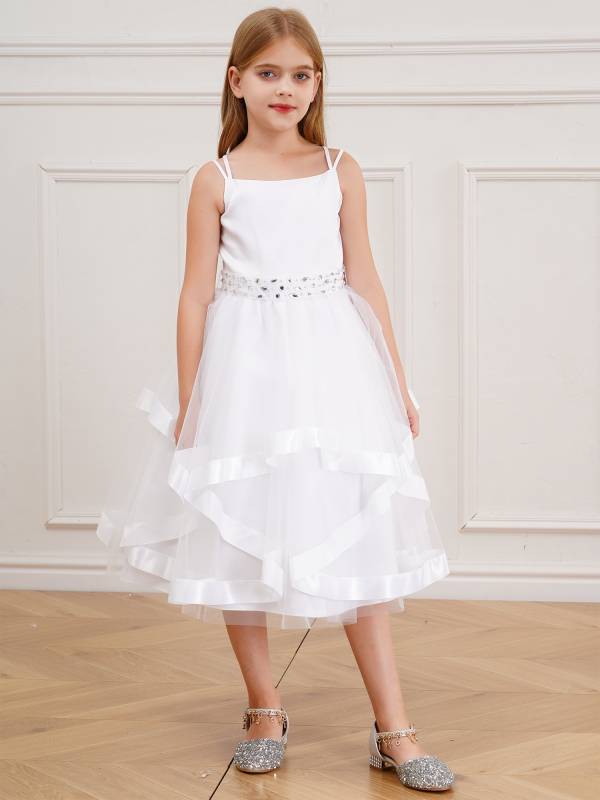 Kids Girl Straps Tiered Tulle Communion Dress with Rhinestone Belt thumb