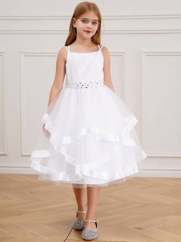 Kids Girl Straps Tiered Tulle Communion Dress with Rhinestone Belt thumb