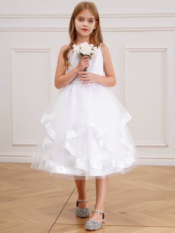 Kids Girl Straps Tiered Tulle Communion Dress with Rhinestone Belt thumb