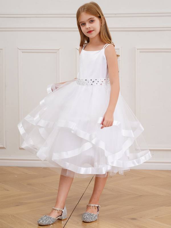Kids Girl Straps Tiered Tulle Communion Dress with Rhinestone Belt thumb
