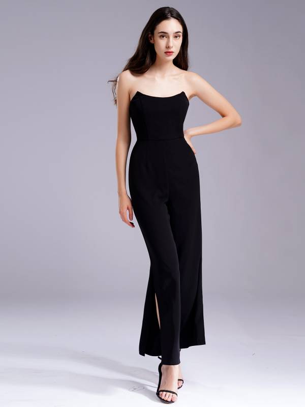 Women Strapless Empire Waist Slit One-piece Jumpsuit for Cocktail thumb