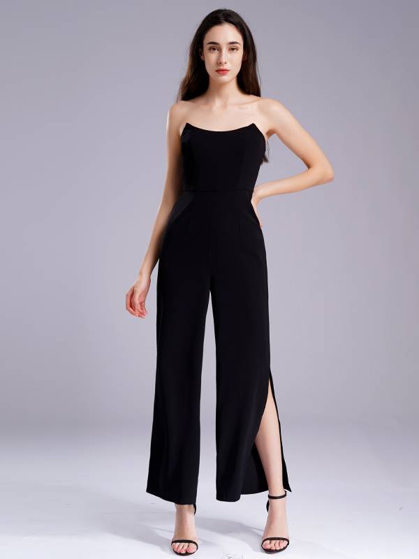 Women Strapless Empire Waist Slit One-piece Jumpsuit for Cocktail thumb