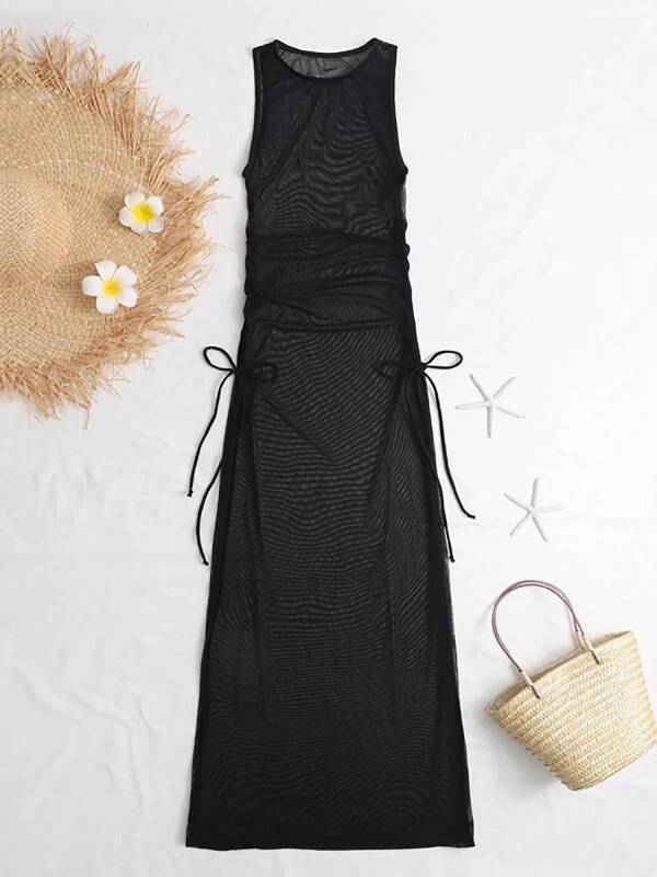 Women 3pcs Bikini Swimsuit Set with Mesh Side Slit Cover Up Dress thumb