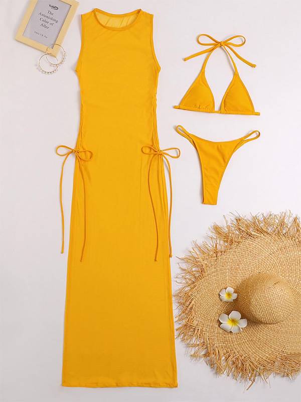 Women 3pcs Bikini Swimsuit Set with Mesh Side Slit Cover Up Dress thumb