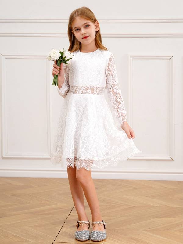Kids Girls Long Sleeve Floral Lace Flower Girl Dress thumb
