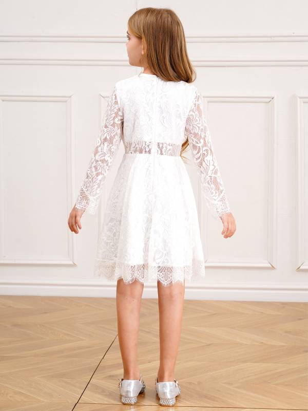 Kids Girls Long Sleeve Floral Lace Flower Girl Dress thumb