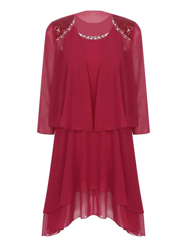 Women Chiffon 2-piece Tank Dress and Cardigan Wedding Guest Suit thumb