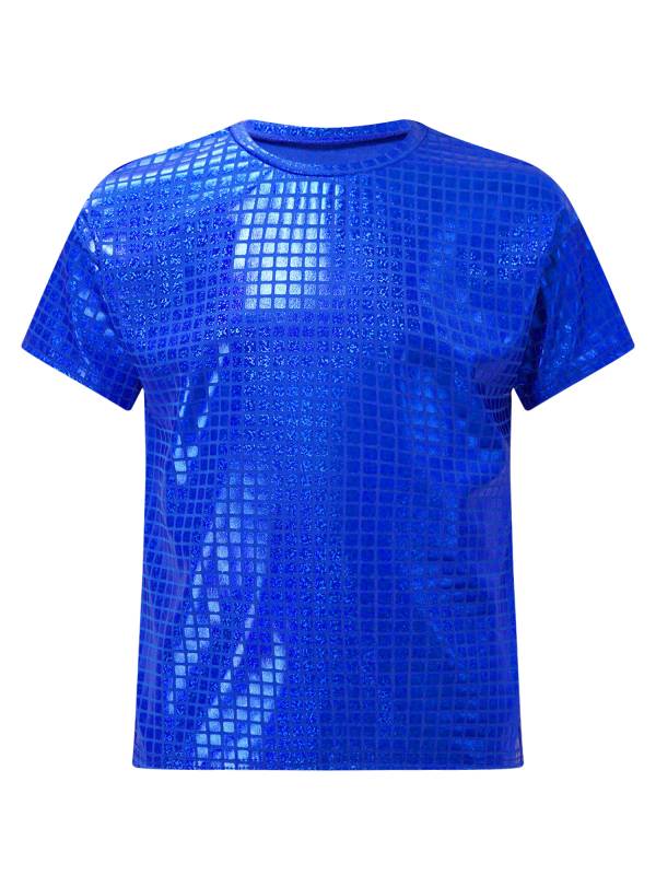 Kids Girls Boys Round Neck Short Sleeve Plaid Sequins Cheerleading Dance T-shirt thumb