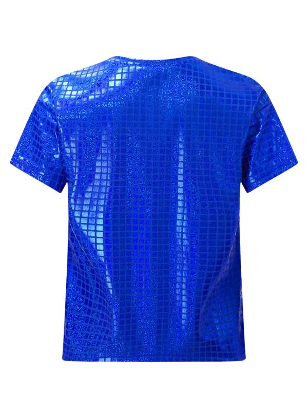 Kids Girls Boys Round Neck Short Sleeve Plaid Sequins Cheerleading Dance T-shirt thumb
