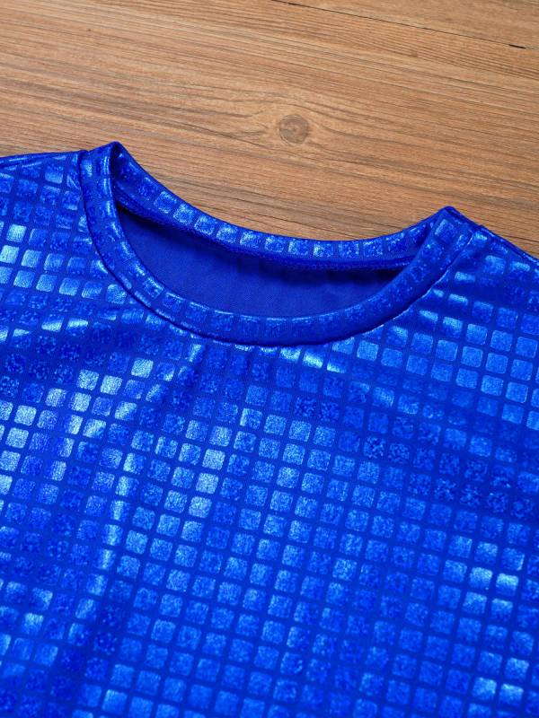 Kids Girls Boys Round Neck Short Sleeve Plaid Sequins Cheerleading Dance T-shirt thumb