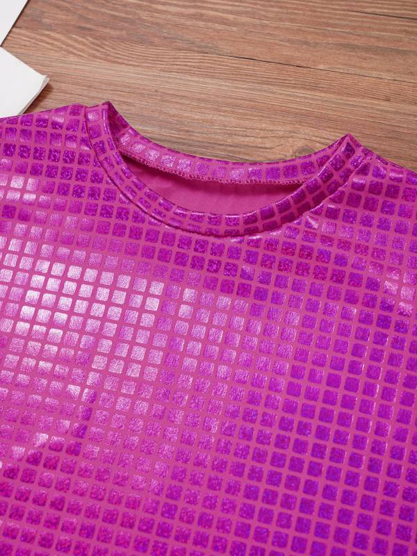 Kids Girls Boys Round Neck Short Sleeve Plaid Sequins Cheerleading Dance T-shirt thumb